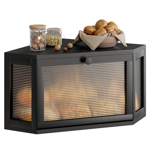 WOWLIVE Corner Bread Box for Kitchen Countertop Bamboo Bread Storage Container Large Farmhouse Bread Holder with Acrylic Wavy Door Panel Multifunctional Container Black - Image 1