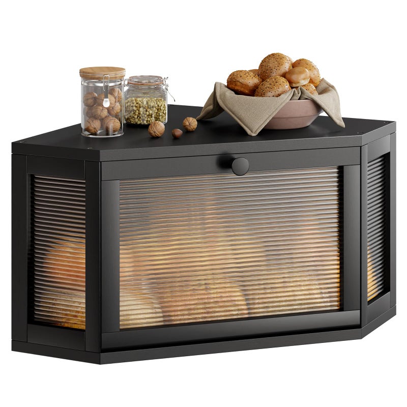 WOWLIVE Corner Bread Box for Kitchen Countertop Bamboo Bread Storage Container Large Farmhouse Bread Holder with Acrylic Wavy Door Panel Multifunctional Container Black - Image 2