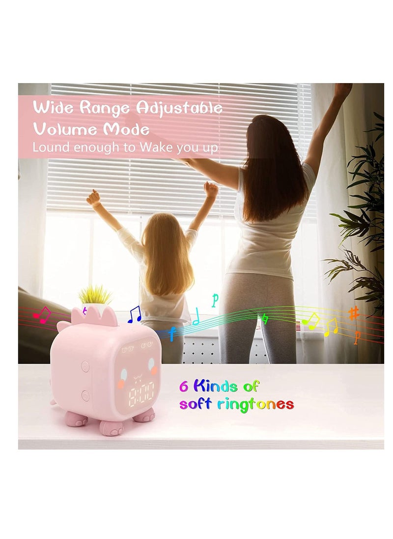 Excefore - Kids Alarm Clock, Digital Alarm Clock for Kids Bedroom, Cute Dinosaur Bedside Clock Children's Sleep Trainier, Wake Up Light & Night Light with USB Alarm Clock for Boys Girls Birthday Gifts (Pink) - Image 1