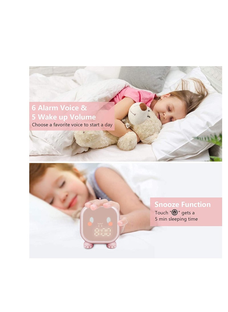 Excefore - Kids Alarm Clock, Digital Alarm Clock for Kids Bedroom, Cute Dinosaur Bedside Clock Children's Sleep Trainier, Wake Up Light & Night Light with USB Alarm Clock for Boys Girls Birthday Gifts (Pink) - Image 1