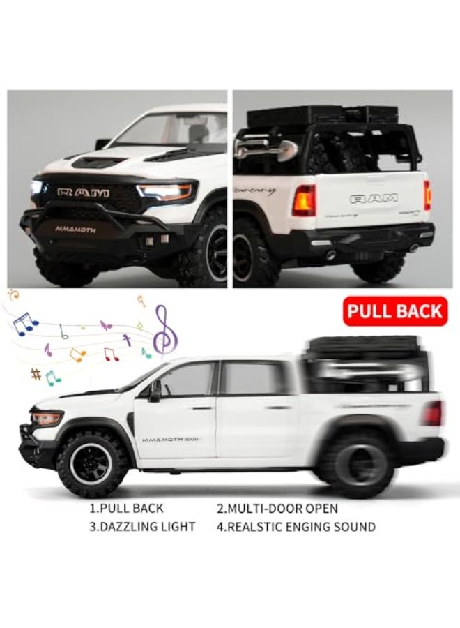 Ram Mammoth Pick-Up Truck Model Car, Zinc Alloy Pull Back Toy car with Sound and Light for Kids Boy Girl Gift(White) - Image 3