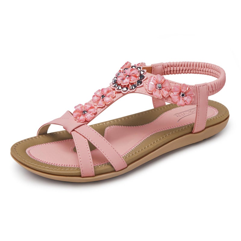 SHIBEVER Flat Sandals for Women Dressy: Pink Size 7 Summer Flowers Dress Sandals- Comfortable Walking Soft Work Flats Womens Sandal - Image 1