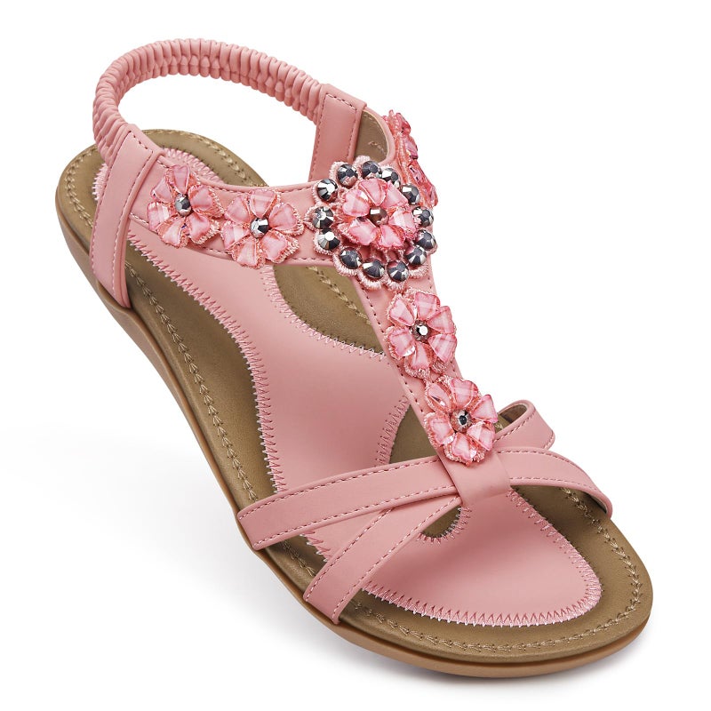 SHIBEVER Flat Sandals for Women Dressy: Pink Size 7 Summer Flowers Dress Sandals- Comfortable Walking Soft Work Flats Womens Sandal - Image 2