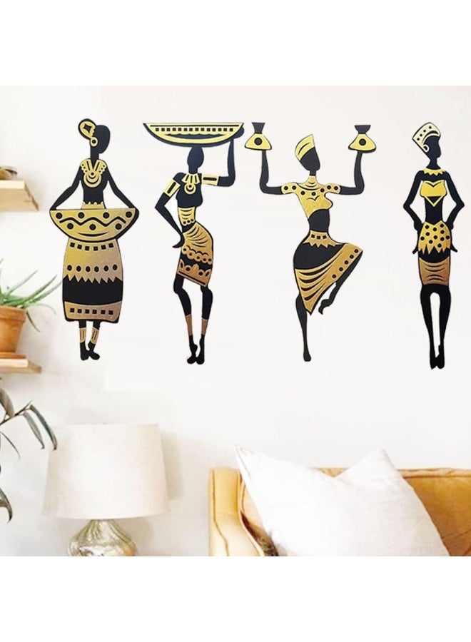 TPGP Tribal Women 4 Pcs. Set Golden And Black Wooden Wall Decor Home Decorative Items Living Room Office Decoration Wall Art Hanging Black (Style-2) - Image 1