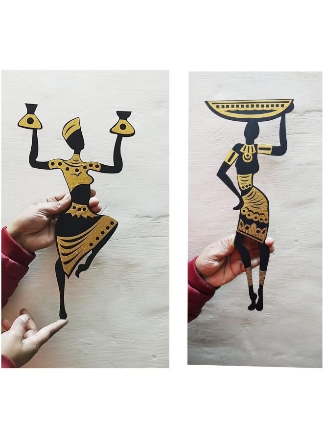 TPGP Tribal Women 4 Pcs. Set Golden And Black Wooden Wall Decor Home Decorative Items Living Room Office Decoration Wall Art Hanging Black (Style-2) - Image 3