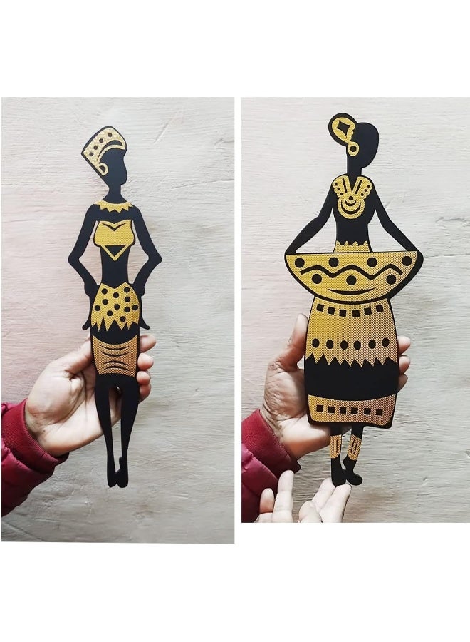 TPGP Tribal Women 4 Pcs. Set Golden And Black Wooden Wall Decor Home Decorative Items Living Room Office Decoration Wall Art Hanging Black (Style-2) - Image 4