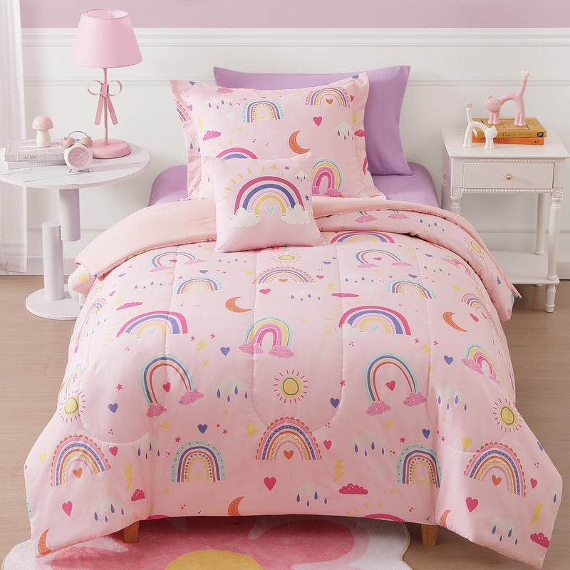 Kaleido Space Glow in The Dark Twin Size Comforter Set for Girls, Pink Rainbow Bedding Set for Kids 1 Comforter, 1 Decor Pillow, 1 Pillow Sham - Image 1
