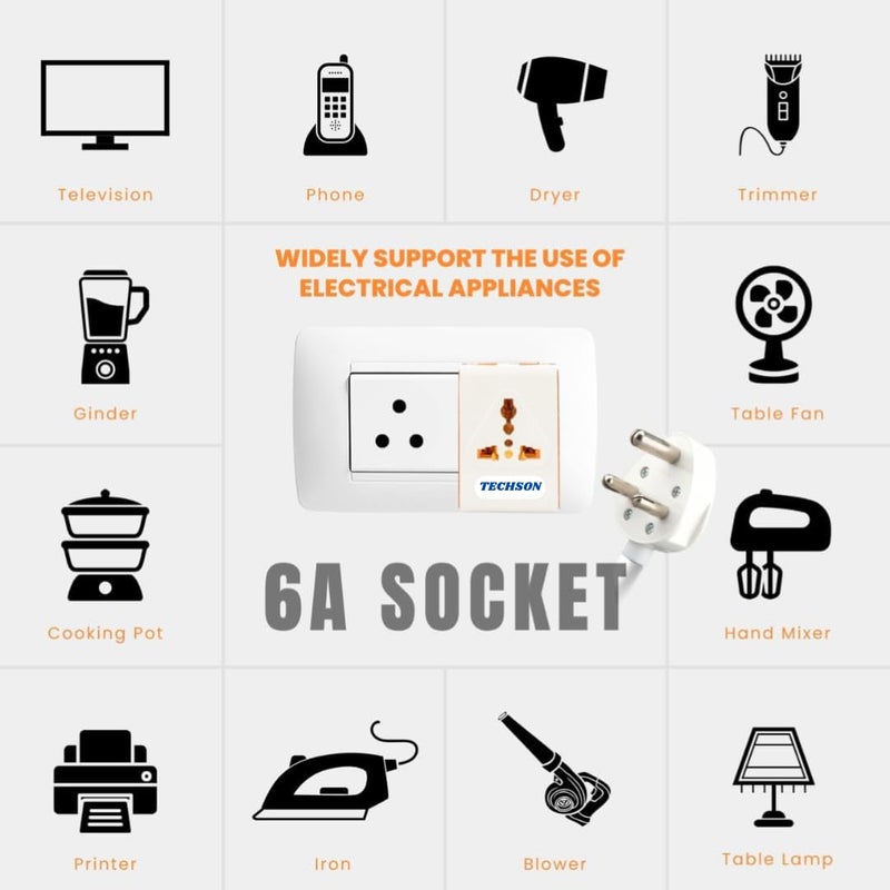 TECHSON TECHSON 6A 3 Pin Multi Plug Socket Travel Adapter with Universal Socket 3 Pin Multi Plug Extension Socket Pack of2 White and Red  - Image 5