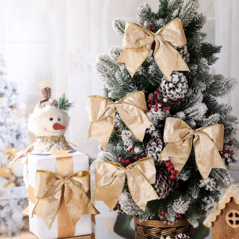 Panelee 12 Pcs Gold Velvet Christmas Bows 6 x 6 in Wreath Bow Christmas Tree Decorations Ornaments for Hanukkah Xmas Tree Topper Wreath Garland Party Gift Wrapping DIY Decor - Image 3