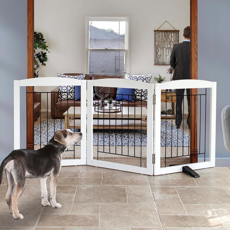 ZJSF Freestanding Dog Fence Indoor Foldable Dog Gate for Doorways Stairs or Hallways Sturdy Wood Extra Wide Pet Gate with Support Feet for The House White 24 Height3 Panels