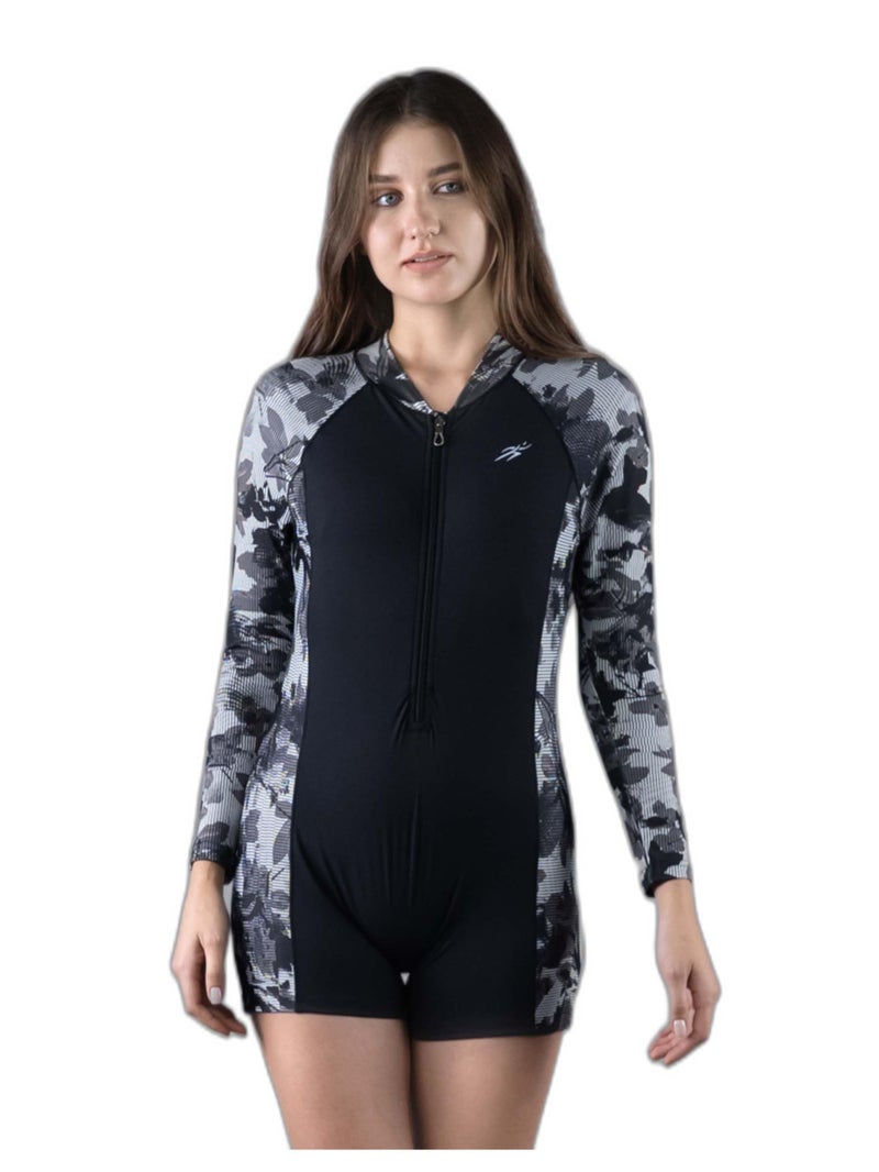 Keepfit Colorblocked Full Sleeves Roundneck boy Leg Length Leg Suit with Front Zipper| Swimming Suit for Women Black - Image 1