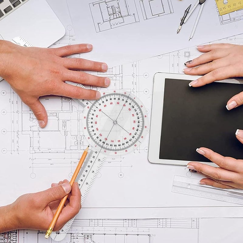 4 قطع من مقياس الزوايا البلاستيكي الشفاف مقاس 12 بوصة 360 درجة مسطرة زوايا تقويم العظام - Image 3