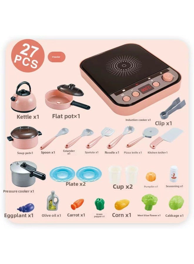 Children's Playhouse Kitchenette Toy Set Cutting Vegetables Cooking Cooking Baby Cutting Fruit Boys And Girls Simulation Kitchenware-Specifications:【Pink】 Induction Cooker 27-piece Set-with Light Sound Effect 【Mail Order Box】】 - Image 1