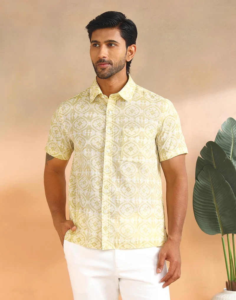 Fabindia Yellow Cotton Hand Block Printed Bush Shirt