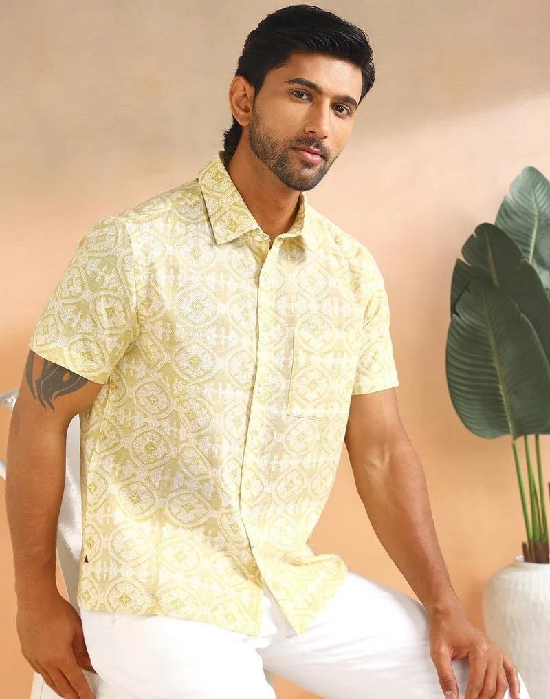 فاب انديا Yellow Cotton Hand Block Printed Bush Shirt
