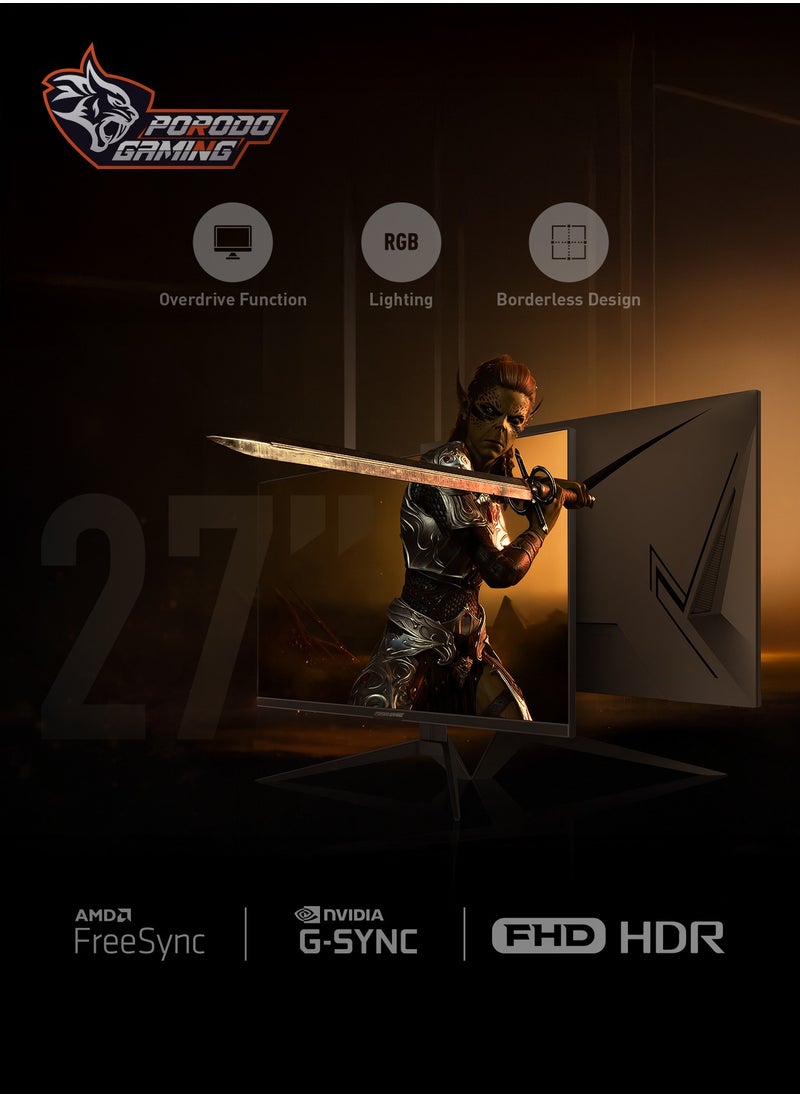 بورودو - شاشة 27 بوصة FHD/120Hz / تصميم بدون إطار / إضاءة RGB / وظيفة Overdrive / حامل معدني متين / شاشة 16.7 مليون لون - أسود - Image 1