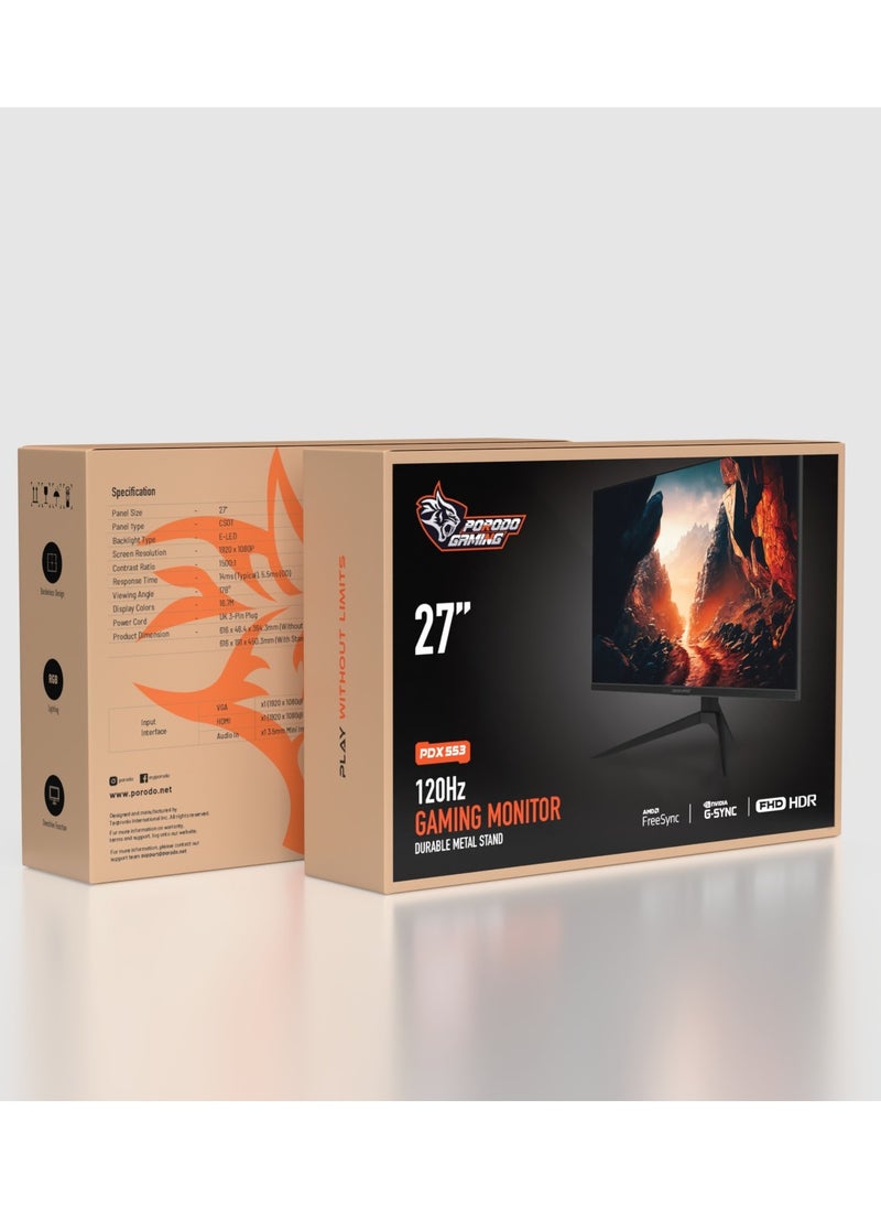 بورودو - شاشة 27 بوصة FHD/120Hz / تصميم بدون إطار / إضاءة RGB / وظيفة Overdrive / حامل معدني متين / شاشة 16.7 مليون لون - أسود - Image 1