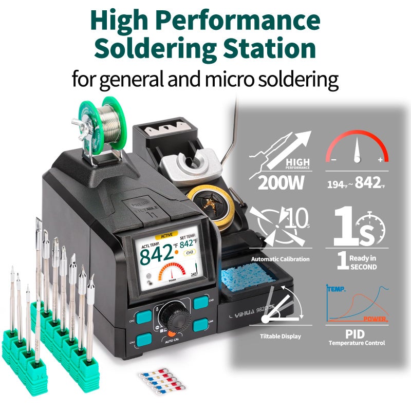 YIHUA 982D SE 200W Micro Soldering Kit with Precision Soldering Iron Station with 11 Soldering Tips, Lead-Free Solder, Auto Temperature Calibration Function - Image 5