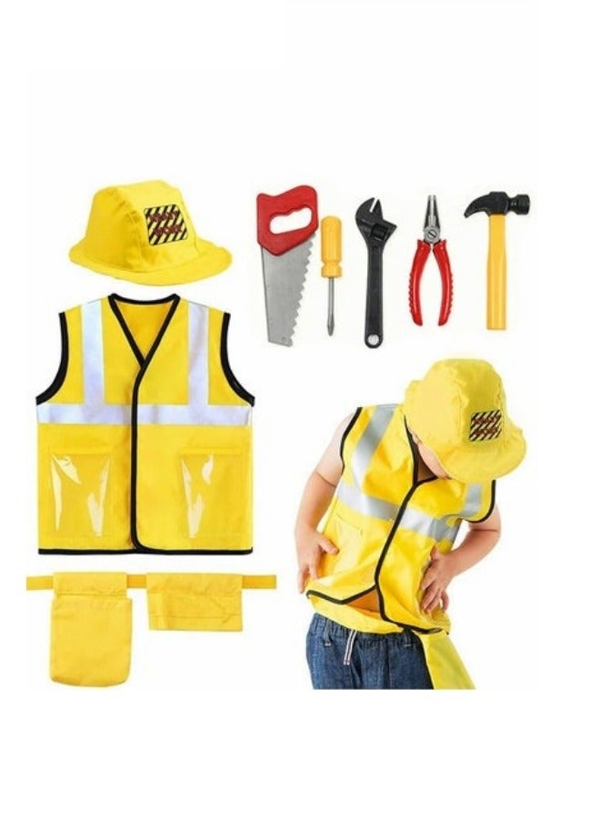 MIXDE Construction Worker Costume for Boys with 5 Tool Toys,Hammer, Saw, Pliers, Screwdriver, Nylon Vest, Hat and Tool Belt, Toddler Dress Up Clothes, Kid Builder Career Outfit , Pretend Role Play Toy Set  - Image 1