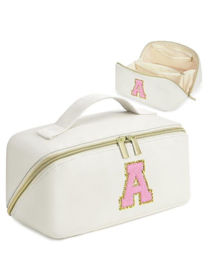 DTBG Gifts For Women, Personalized Makeup Bag, Initial Cosmetic Bags For Teen Girls Pu Leather Travel Toiletry Bag, Waterproof Large Make Up Organizer Pouch For Birthday Wedding White, A - Image 1