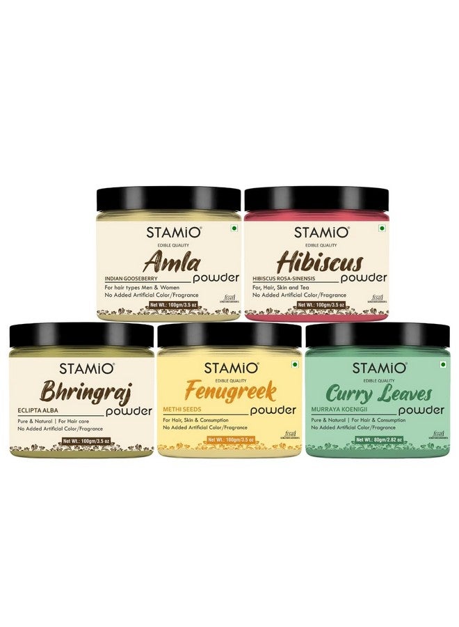STAMIO Amla Methi Hibiscus Bhringraj Curry Leaves Powder 480 Gm Combo Pack For Hair Care Mask, Diy | Triple-Sifted, Microfine | In Jar - (100Gm X 4 + 80Gm)  - Image 1