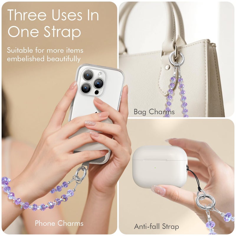 SURPHY Phone Charm, Phone Charms Strap with Tether Tab & Premium Metal Buckle, Cellphone Wrist Strap Chain, Cellphone Lanyard Beaded Bracelets for Women, Crystals Purple - Image 3