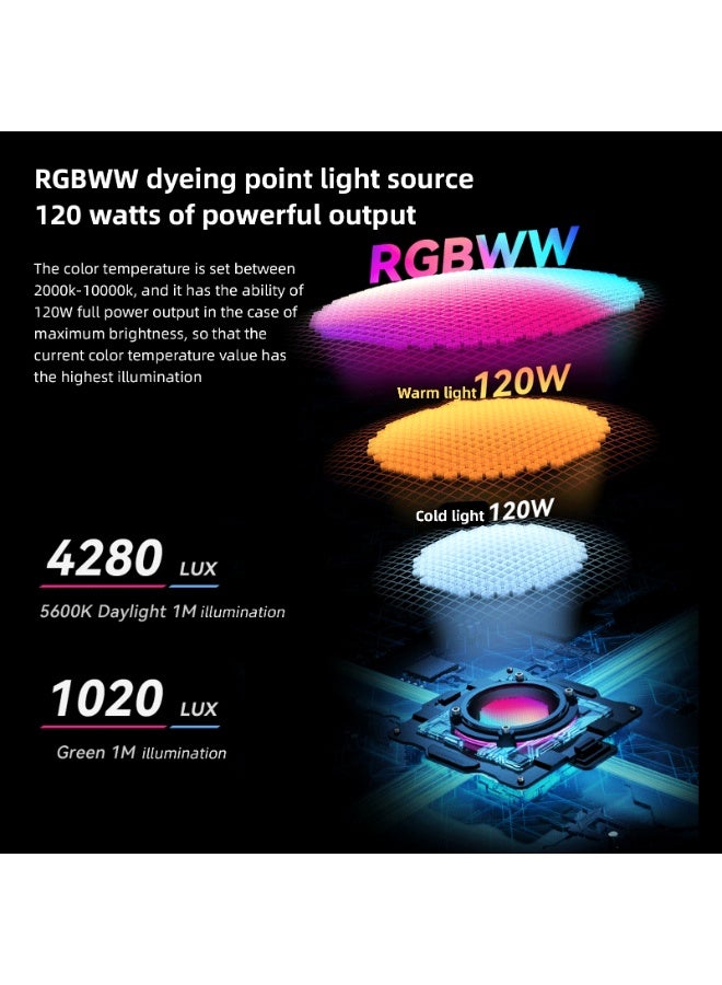 يونجنيو مصباح تصوير ثنائي اللون بقوة 120 واط، ضوء فيديو RGB كامل الألوان، 2000 كلفن - 10000 كلفن، قابل للتعتيم، مؤشر تجسيد اللون ≥ 96، مع حامل Bowens القياسي، 30 تأثيرًا للمشهد الضوئي، نظام لاسلكي 2.4 جيجاهرتز، يدعم تقنية BT - Image 3