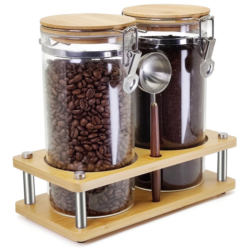 Venuekkuri Glass Coffee Grounds Container with Wooden Shelf, 2 Ã— 45 FLOZ Glass Coffee Canister with Sealed Locking Clamp, Kitchen Large Capacity Food Storage Jar with Metal Spoon - Image 1