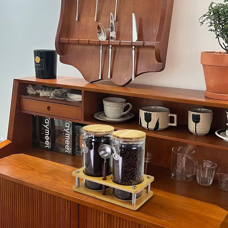 Venuekkuri Glass Coffee Grounds Container with Wooden Shelf, 2 Ã— 45 FLOZ Glass Coffee Canister with Sealed Locking Clamp, Kitchen Large Capacity Food Storage Jar with Metal Spoon - Image 2