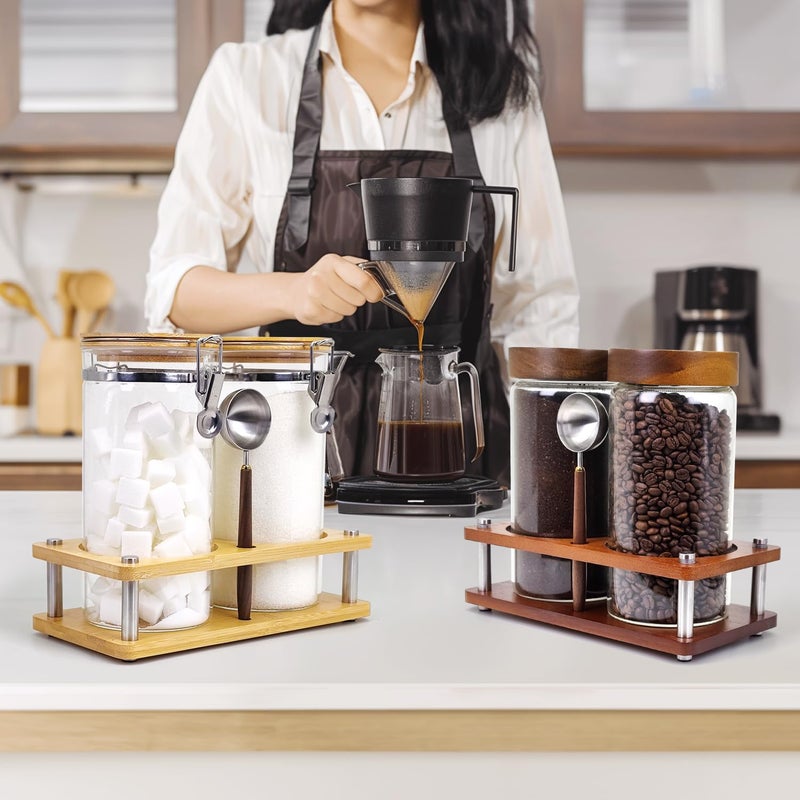 Venuekkuri Glass Coffee Grounds Container with Wooden Shelf, 2 Ã— 45 FLOZ Glass Coffee Canister with Sealed Locking Clamp, Kitchen Large Capacity Food Storage Jar with Metal Spoon - Image 3