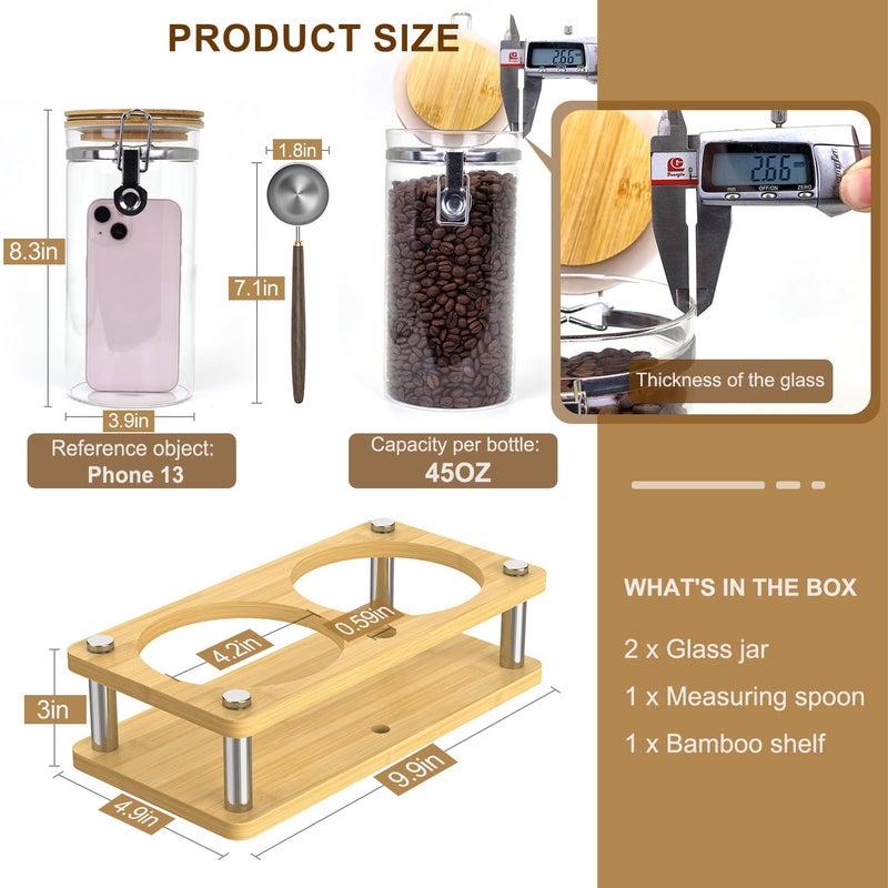 Venuekkuri Glass Coffee Grounds Container with Wooden Shelf, 2 Ã— 45 FLOZ Glass Coffee Canister with Sealed Locking Clamp, Kitchen Large Capacity Food Storage Jar with Metal Spoon - Image 4