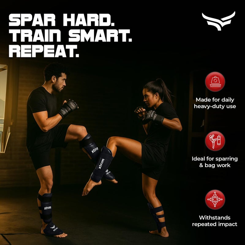 XTRIM Boxing Shin Guard for MMA, Kickboxing, Muay Thai, Karate & Taekwondo, High-Density Foam Padding for Shock Absorption, Lightweight Full Shin Protection, Secure Velcro Fit, Comfort Lining, (M) - Image 4