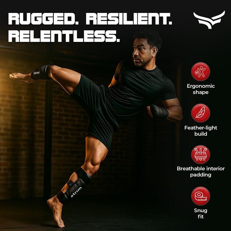 XTRIM Boxing Shin Guard for MMA, Kickboxing, Muay Thai, Karate & Taekwondo, High-Density Foam Padding for Shock Absorption, Lightweight Full Shin Protection, Secure Velcro Fit, Comfort Lining, (M) - Image 3