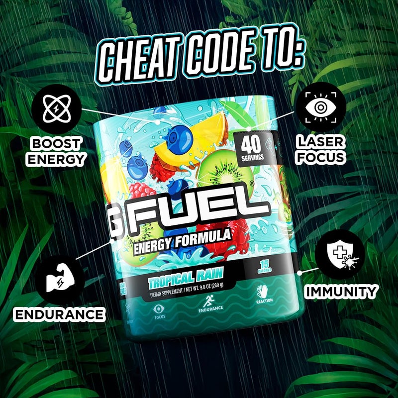 G Fuel Gamma Labs G Fuel Tropical Rain Energy Drink Powder, Pre Workout Caffeine Powder, Energy Powder Drink Mix for Gaming, Sugar Free Focus Amino, Vitamin + Antioxidants, 9.8oz (Fruit Medley, 40 Servings) - Image 3
