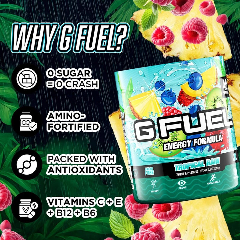 G Fuel Gamma Labs G Fuel Tropical Rain Energy Drink Powder, Pre Workout Caffeine Powder, Energy Powder Drink Mix for Gaming, Sugar Free Focus Amino, Vitamin + Antioxidants, 9.8oz (Fruit Medley, 40 Servings) - Image 5