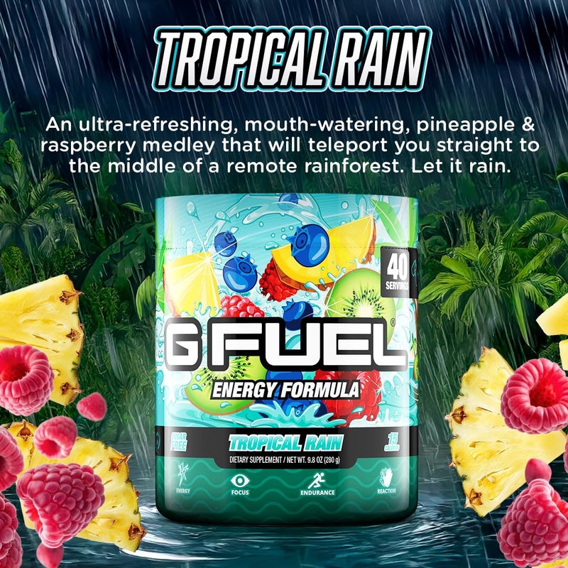 G Fuel Gamma Labs G Fuel Tropical Rain Energy Drink Powder, Pre Workout Caffeine Powder, Energy Powder Drink Mix for Gaming, Sugar Free Focus Amino, Vitamin + Antioxidants, 9.8oz (Fruit Medley, 40 Servings) - Image 4