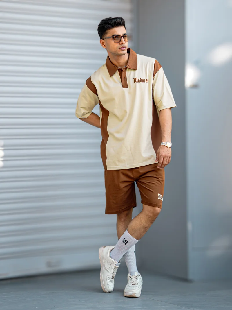 Maniac Maniac Mens Madness Printed Polo Neck Half Sleeve Brown Cotton Tracksuit