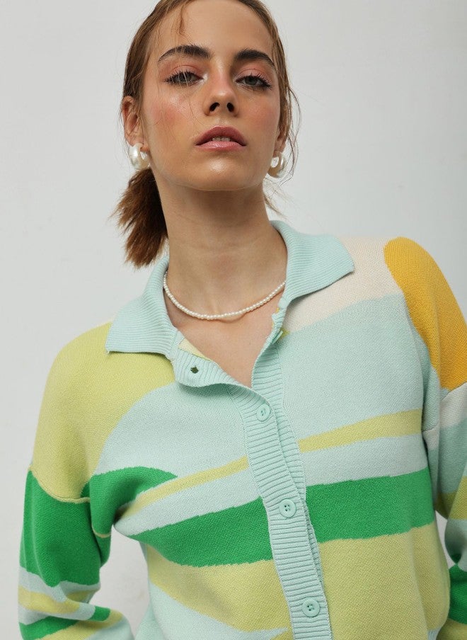 STREET 9 Green Striped Front-Open Sweater for Women - Image 2