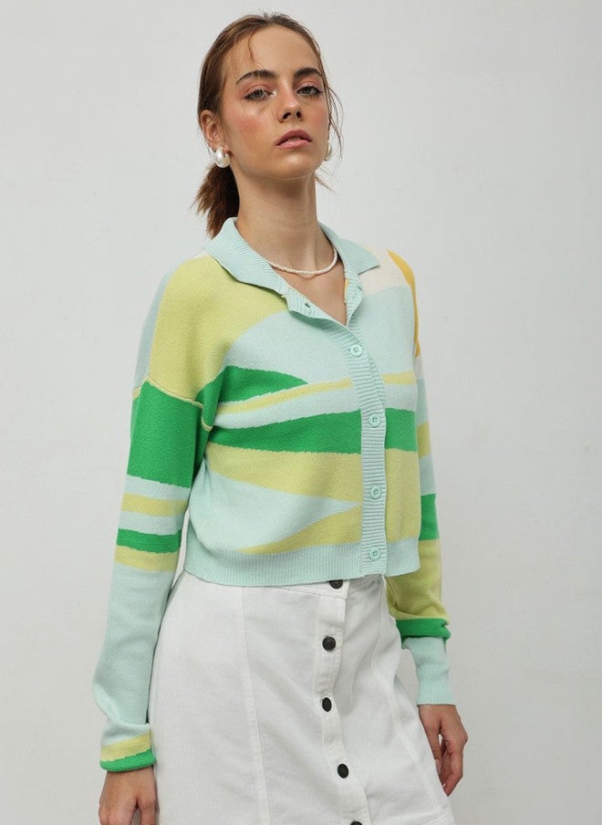 STREET 9 Green Striped Front-Open Sweater for Women - Image 3