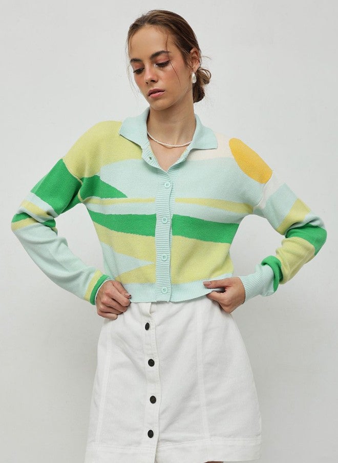 STREET 9 Green Striped Front-Open Sweater for Women - Image 1