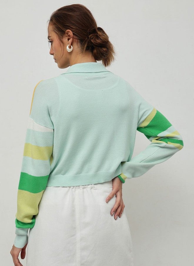 STREET 9 Green Striped Front-Open Sweater for Women - Image 4