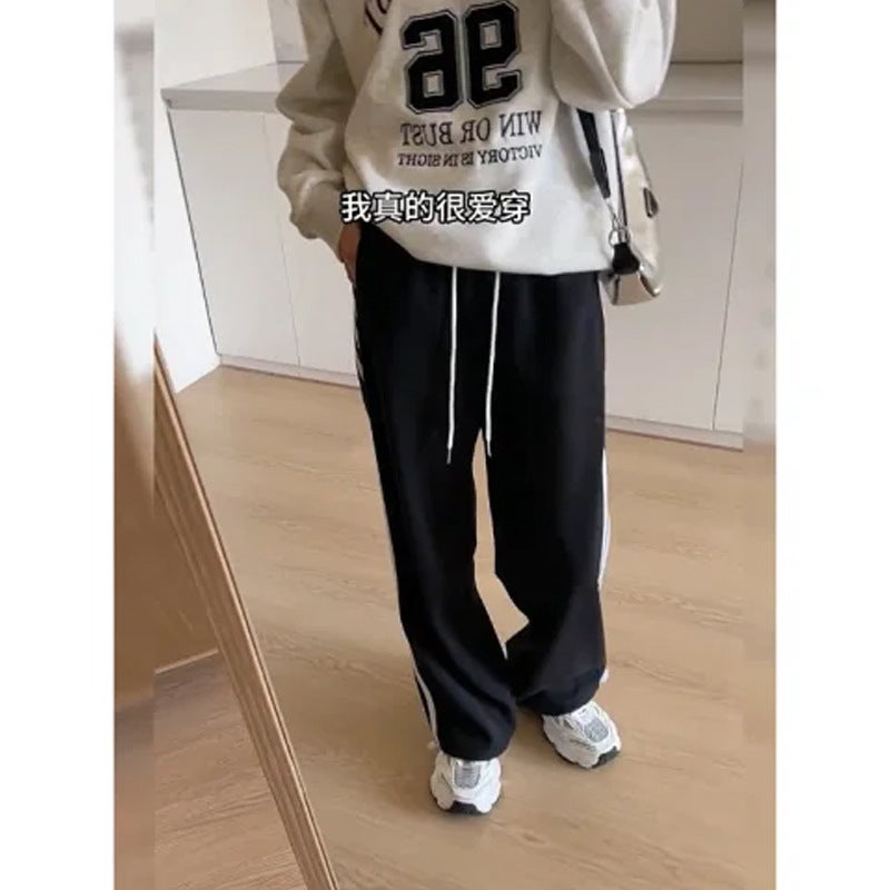 Design Sense Drawstring Straight Sports Pants Womens 2024 Fall/Winter New fleece-lined Thickened High Waist Slimming Wide Leg Pants Black (velvet) ab-764 