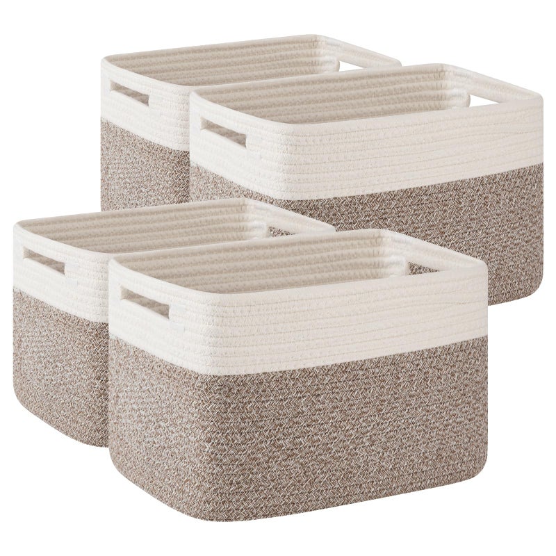 OIAHOMY 4 Pack Storage Baskets for Organizing, Basket for Shelves with Handle, Woven Baskets for Storage Toys, Towels, Books, Cotton Rope Basket 13" L x 9 " W x 7.8 " H, Deep Brown & White - Image 1