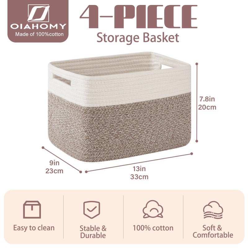 OIAHOMY 4 Pack Storage Baskets for Organizing, Basket for Shelves with Handle, Woven Baskets for Storage Toys, Towels, Books, Cotton Rope Basket 13" L x 9 " W x 7.8 " H, Deep Brown & White - Image 2