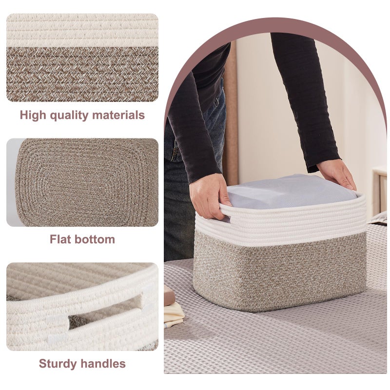 OIAHOMY 4 Pack Storage Baskets for Organizing, Basket for Shelves with Handle, Woven Baskets for Storage Toys, Towels, Books, Cotton Rope Basket 13" L x 9 " W x 7.8 " H, Deep Brown & White - Image 3