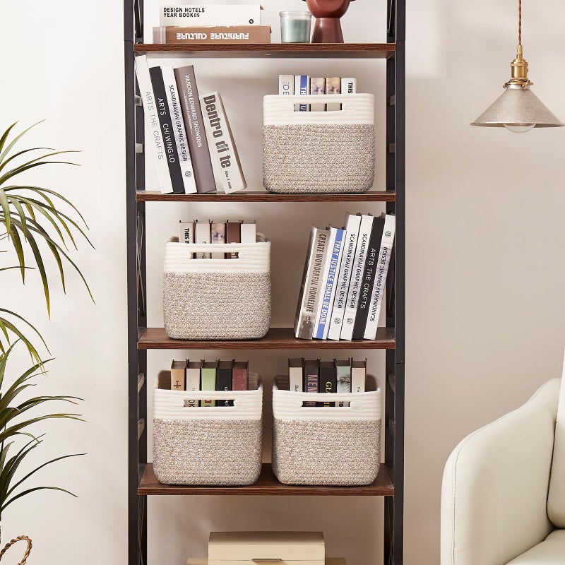 OIAHOMY 4 Pack Storage Baskets for Organizing, Basket for Shelves with Handle, Woven Baskets for Storage Toys, Towels, Books, Cotton Rope Basket 13" L x 9 " W x 7.8 " H, Deep Brown & White - Image 4