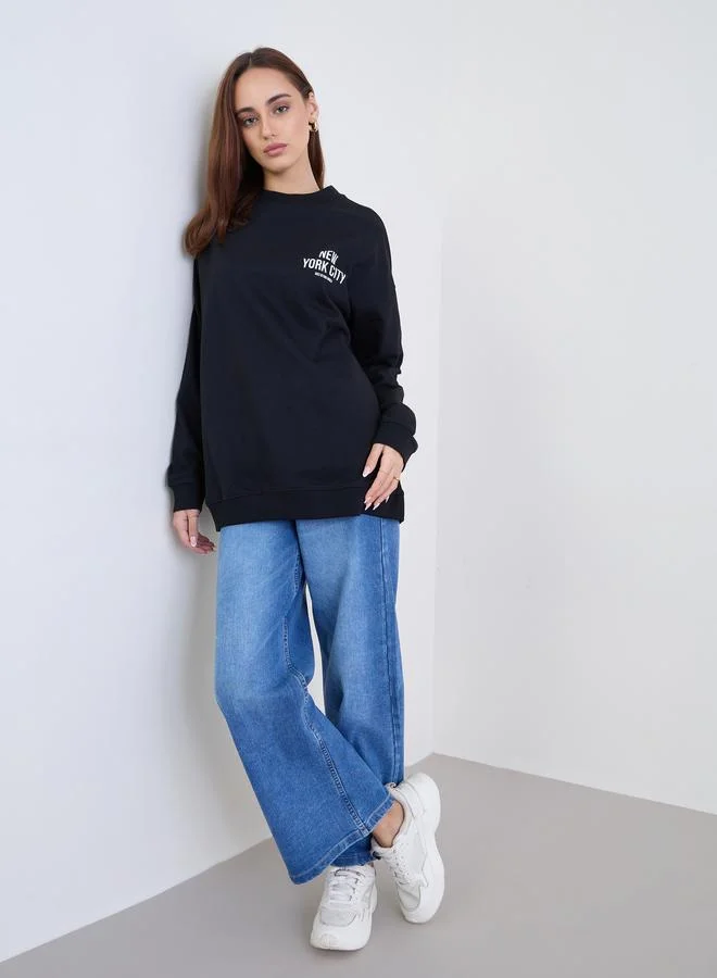 Styli Styli Black Slogan Print Oversized Sweatshirt