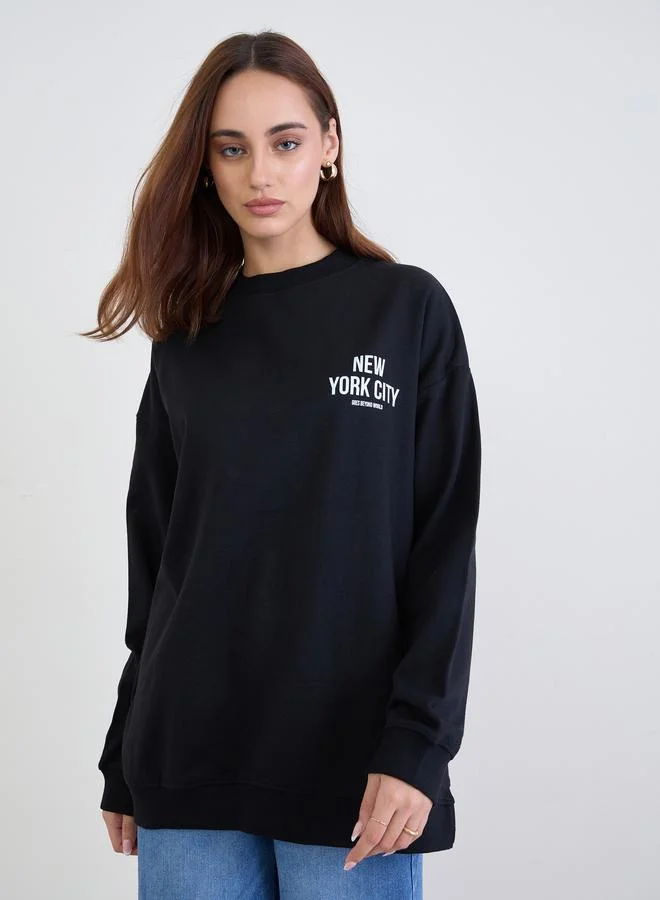 Styli Styli Black Slogan Print Oversized Sweatshirt