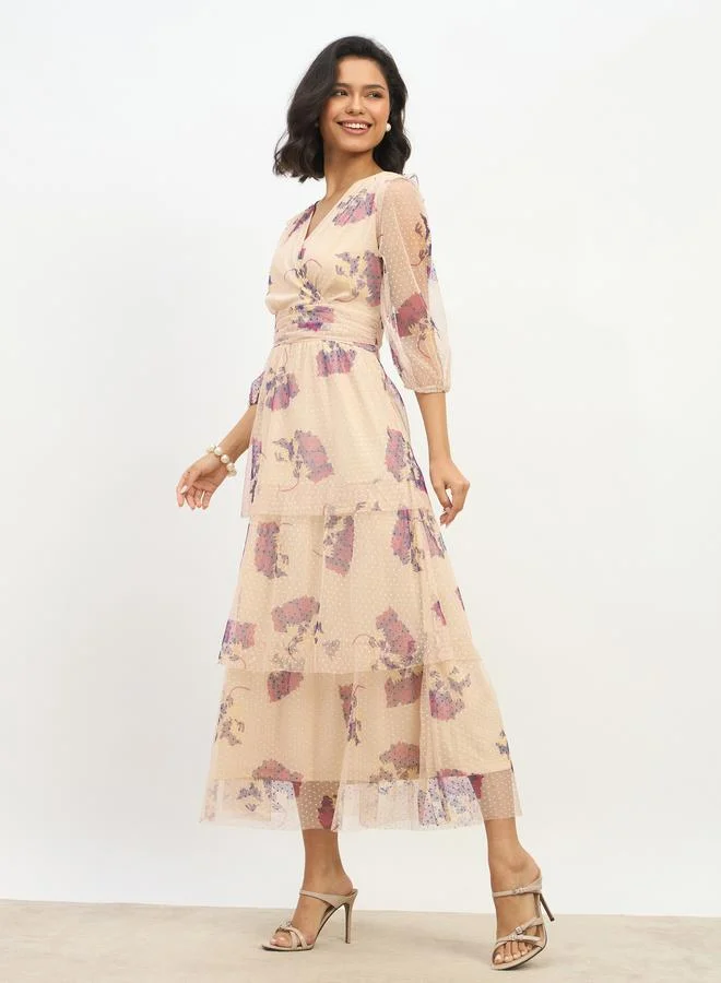 Styli Styli All-Over Floral Print V Neck Tiered Maxi Dress