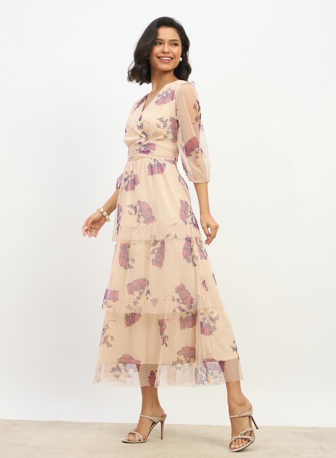 Styli All-Over Floral Print V Neck Tiered Maxi Dress - Image 3
